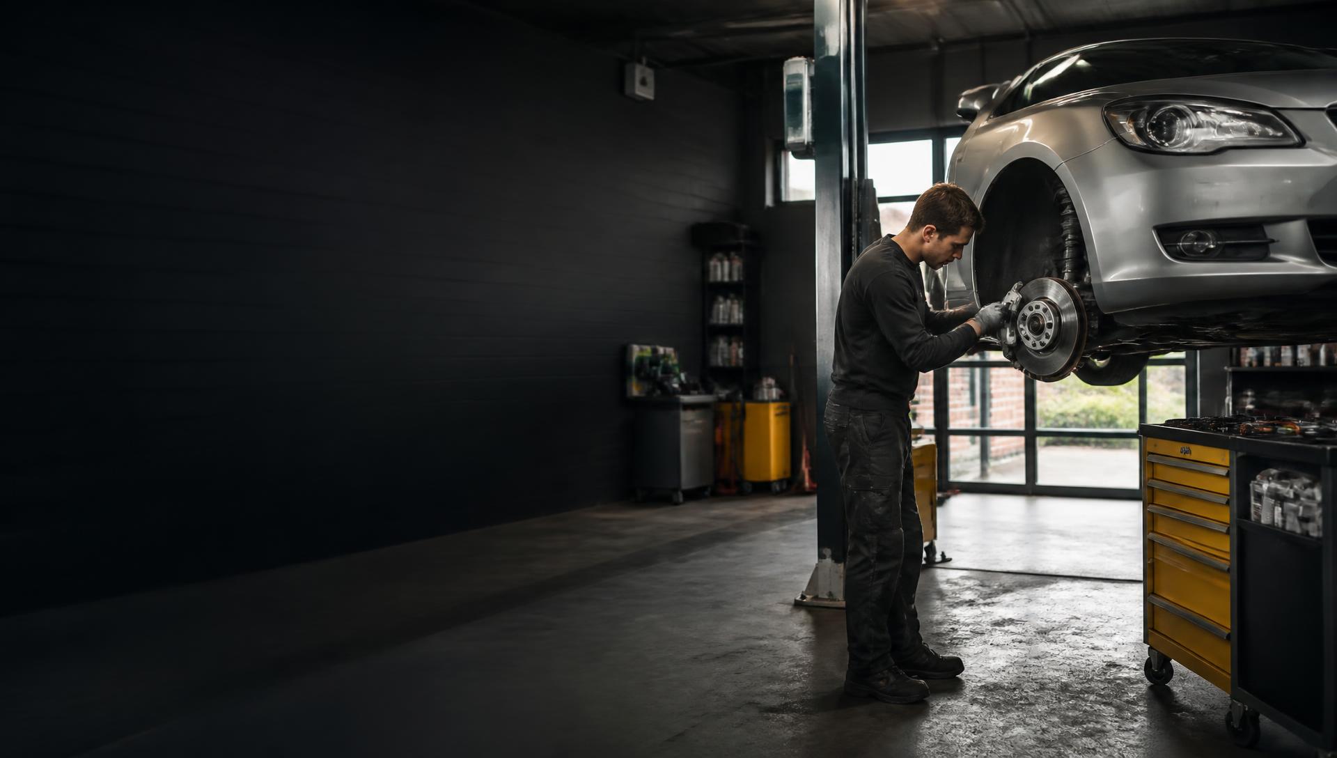 Monteur werkt aan een auto in een professionele werkplaats